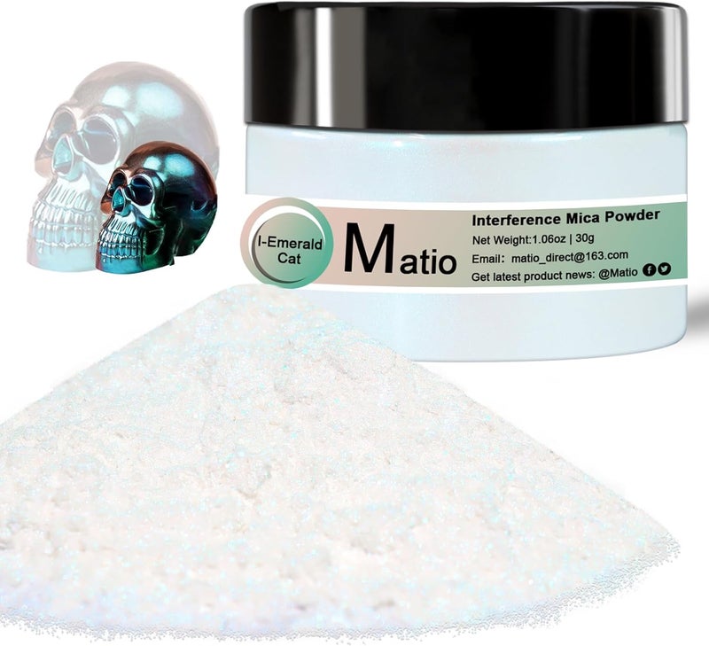 Matio Interference Mica Powder, 1.06oz/ 30g Emerald Cat Chrome Powder, Pearlescent Effect Color Shift Pigment for Epoxy Resin, Makeup Shimmer, Nail Polish,Soap Dye,Candle Making,Paint,Slime - Image 1
